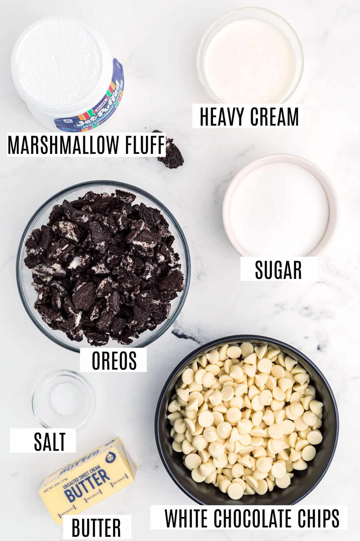 Ingredients needed for cookies and cream fudge.