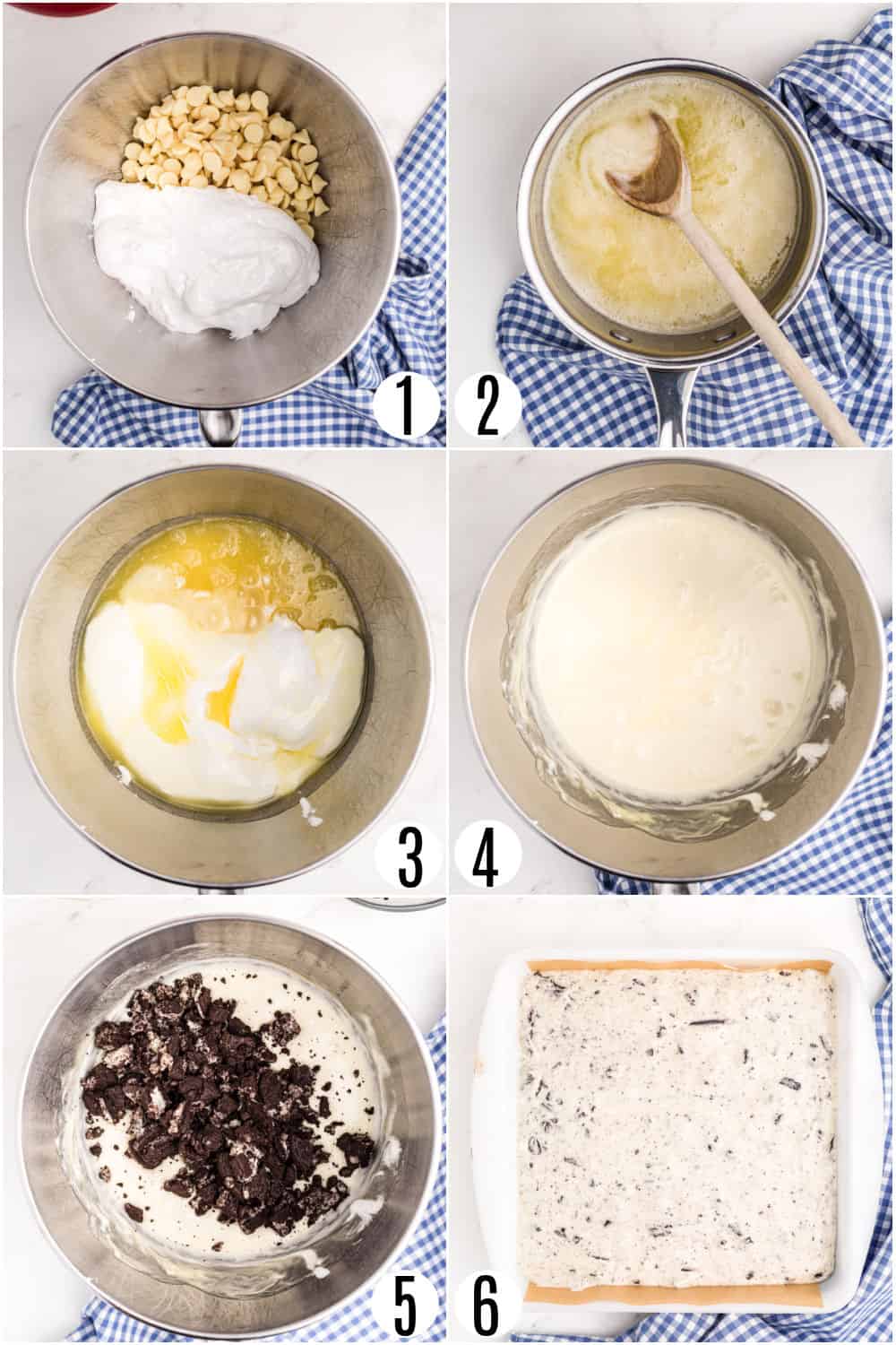 Step by step photos showing how to make oreo fudge.