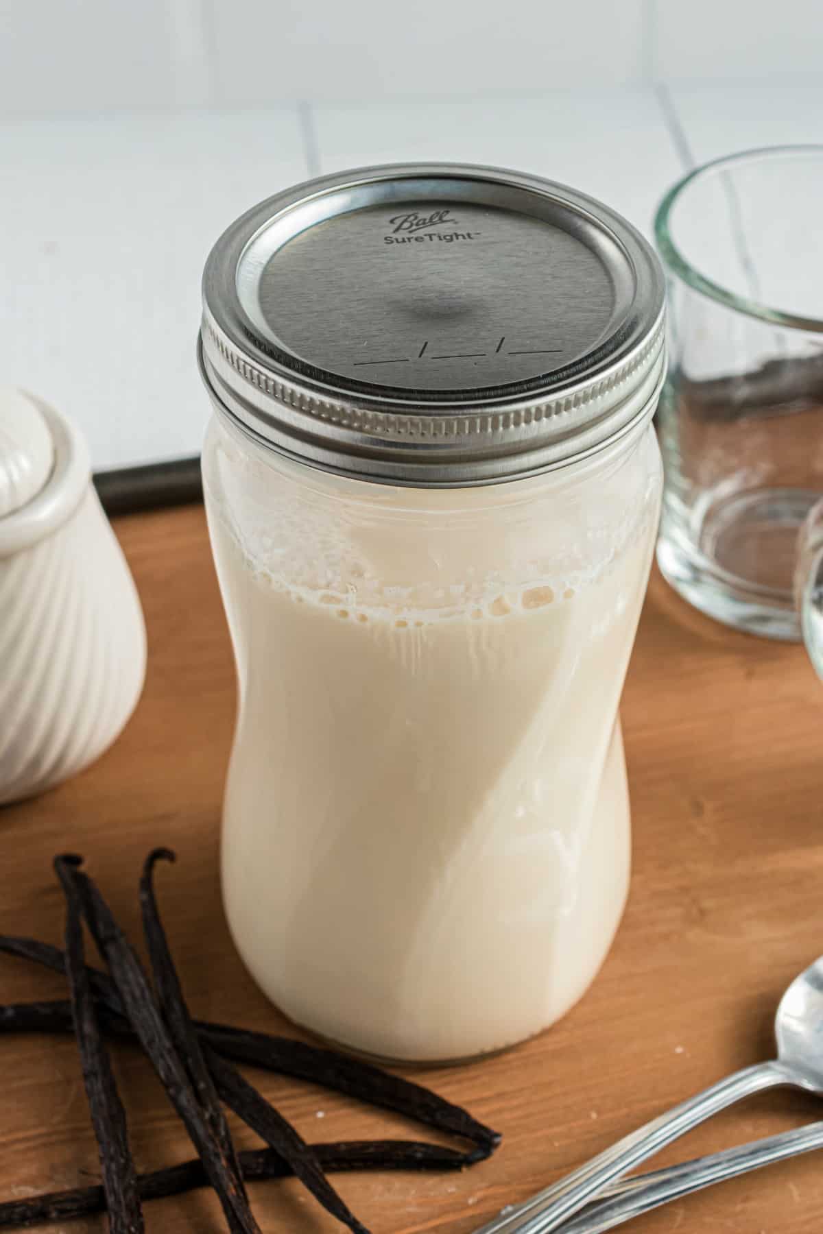 Mason jar with french vanilla coffee creamer.