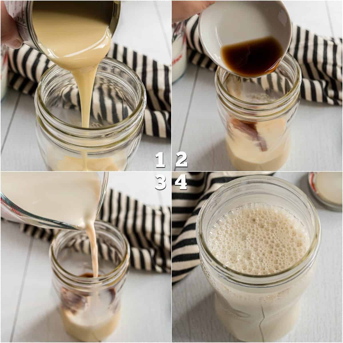 Step by step photos showing how to make french vanilla coffee creamer.