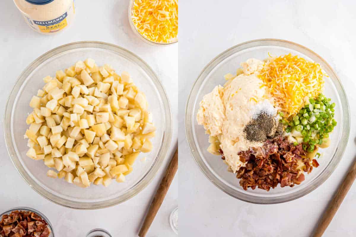 Two bowls show chopped potatoes alone, then mixed with cheese, bacon, green onions, and seasonings to create a flavorful loaded potato salad.
