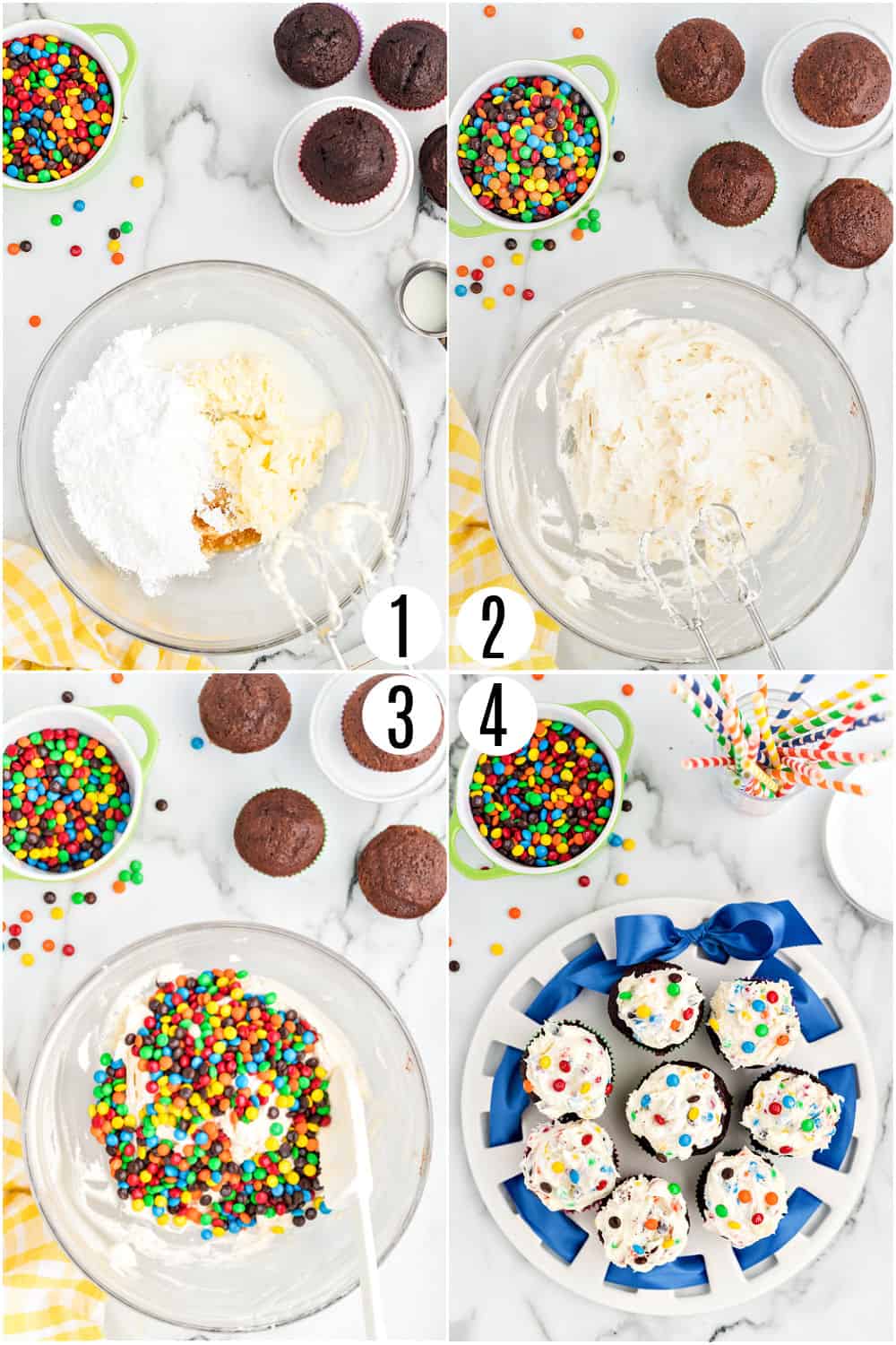 Step by step photos showing how to make chocolate cupcakes with M&M frosting.