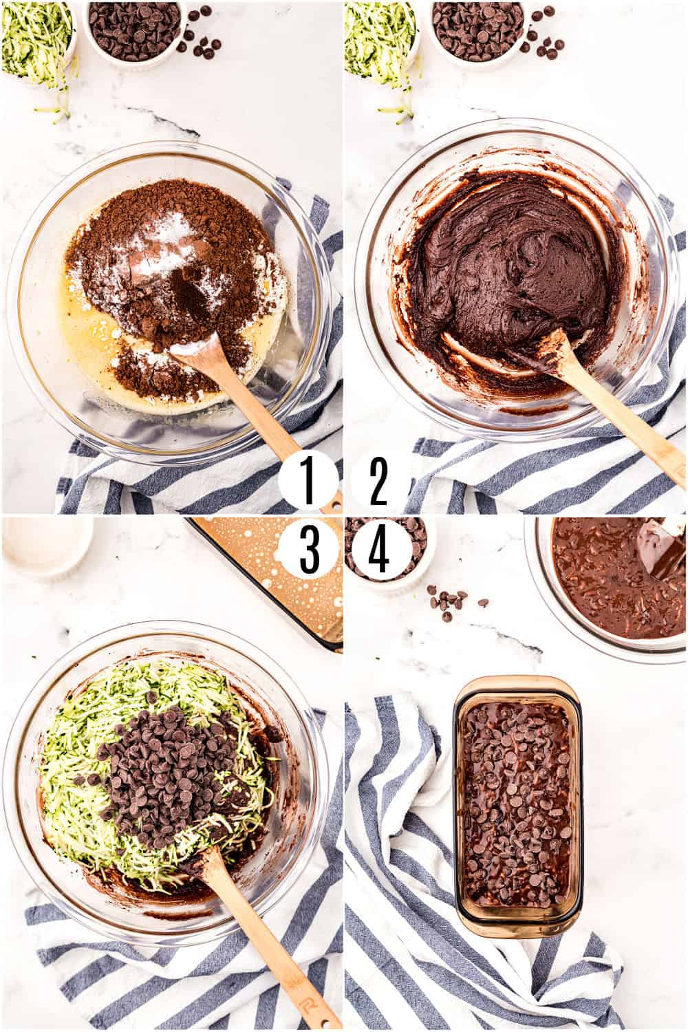 Step by step photos showing how to make zucchini bread with chocolate.
