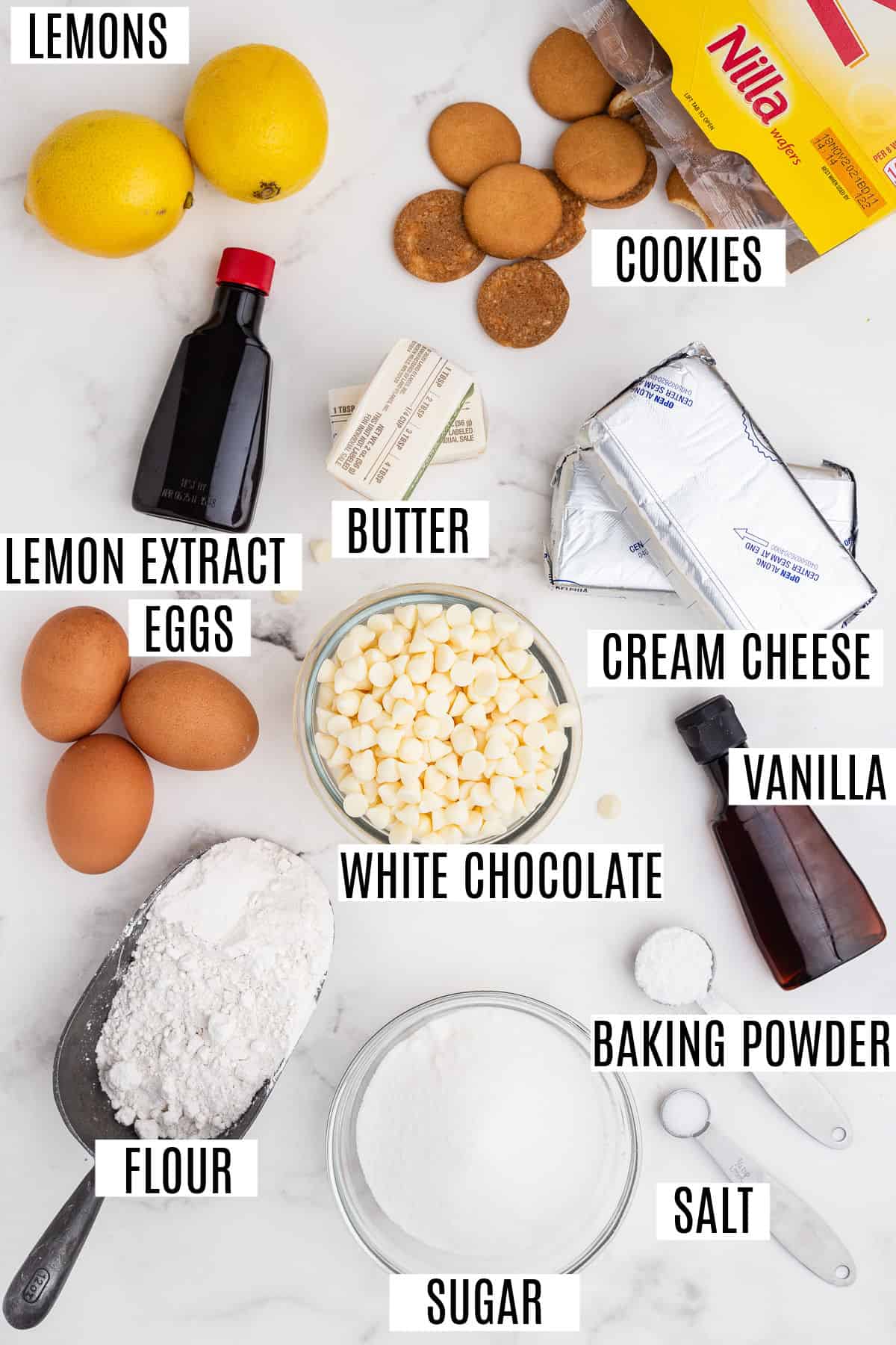 Ingredients needed for lemon cheesecake cookie bars.