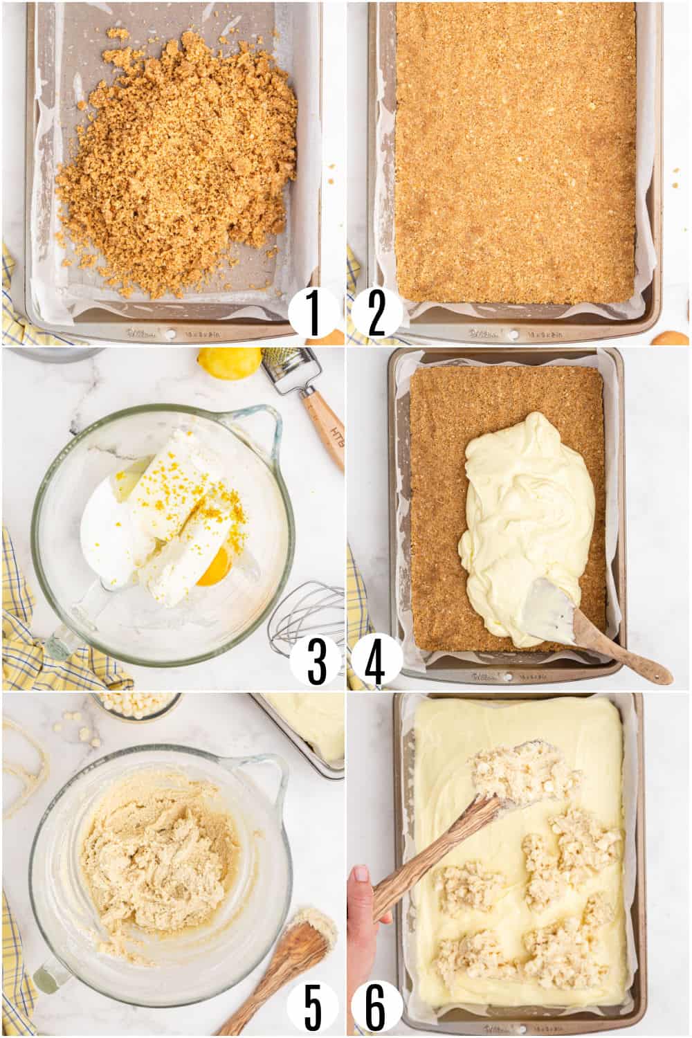 Step by step photos showing how to make lemon cheesecake bars.