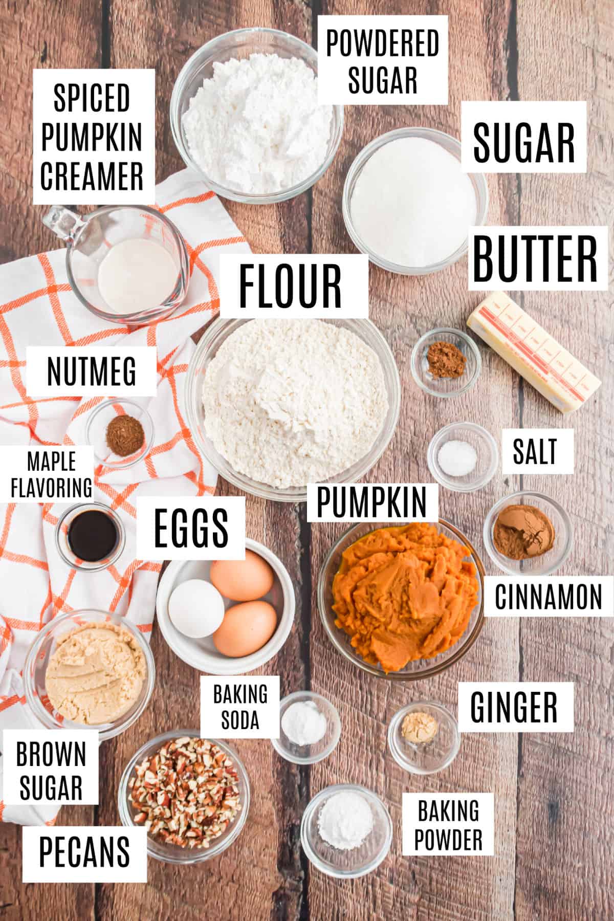 Ingredients needed to make pumpkin muffins.