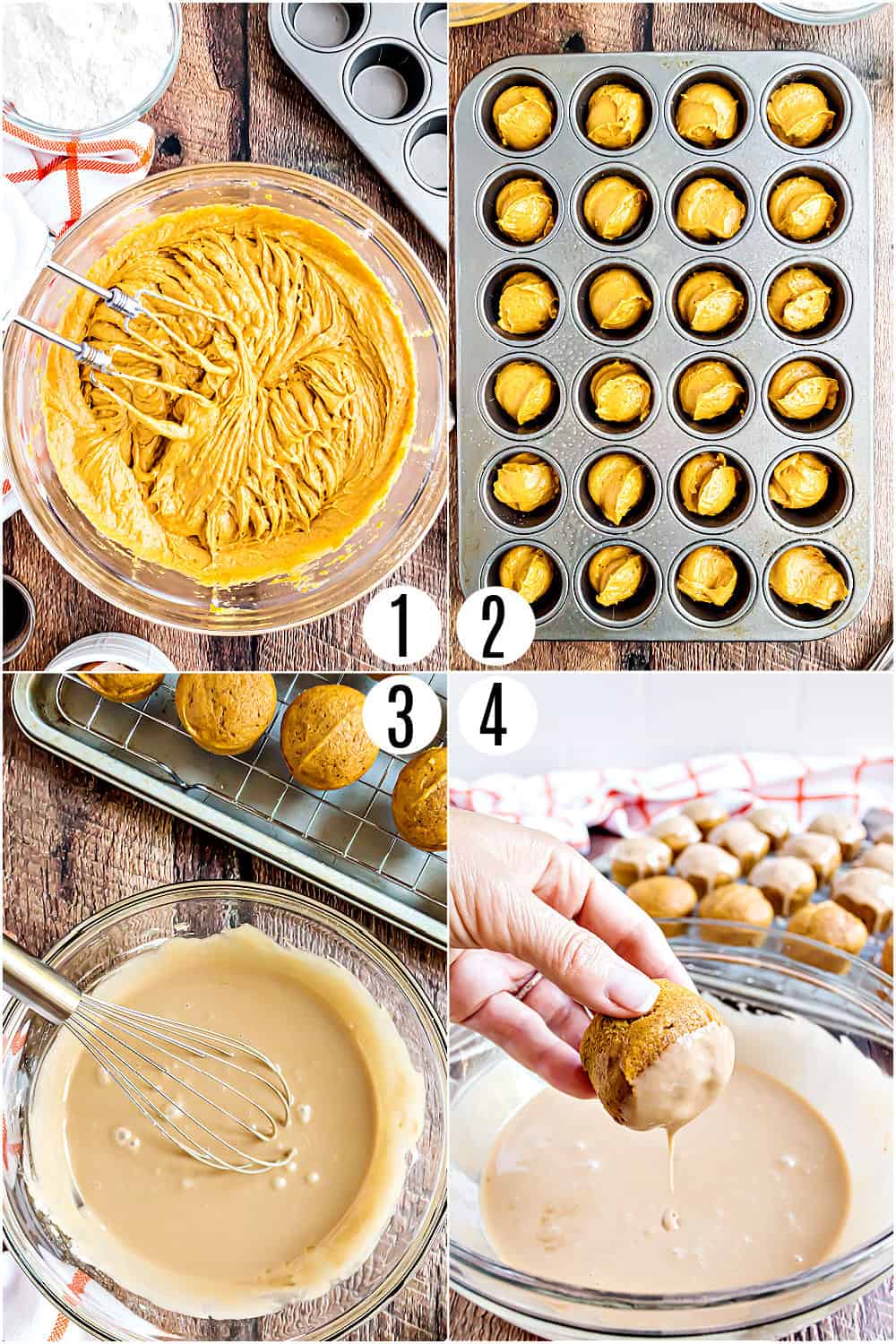 Step by step photos showibg how to make mini pumpkin muffins.