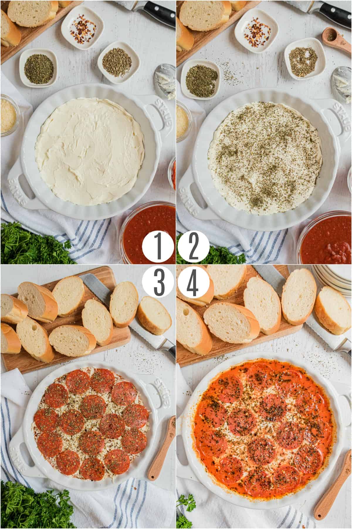 Step by step photos showing how to make pepperoni pizza dip in a pie plate.