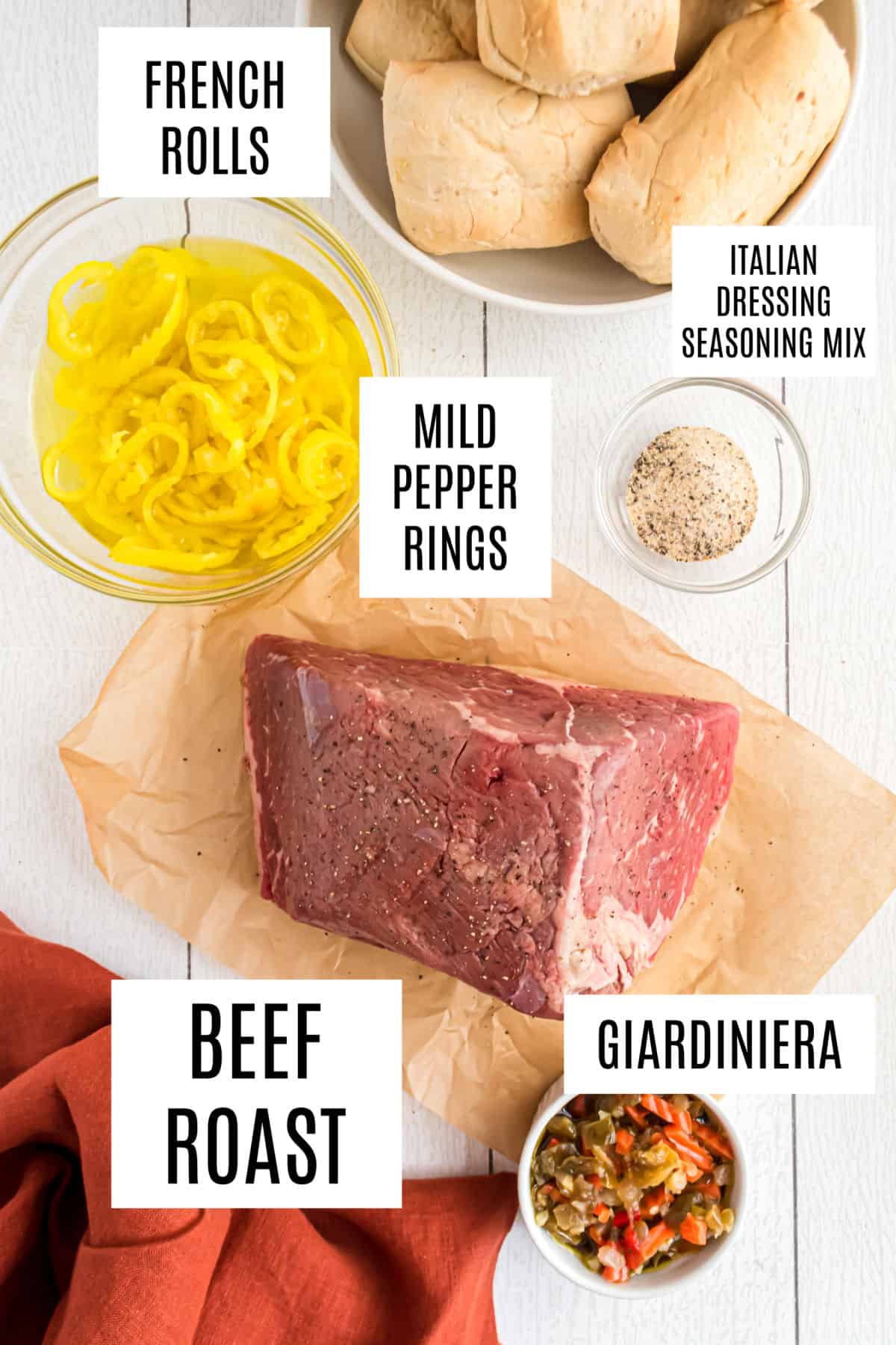 Ingredients needed for slow cooker italian beef sandwiches.