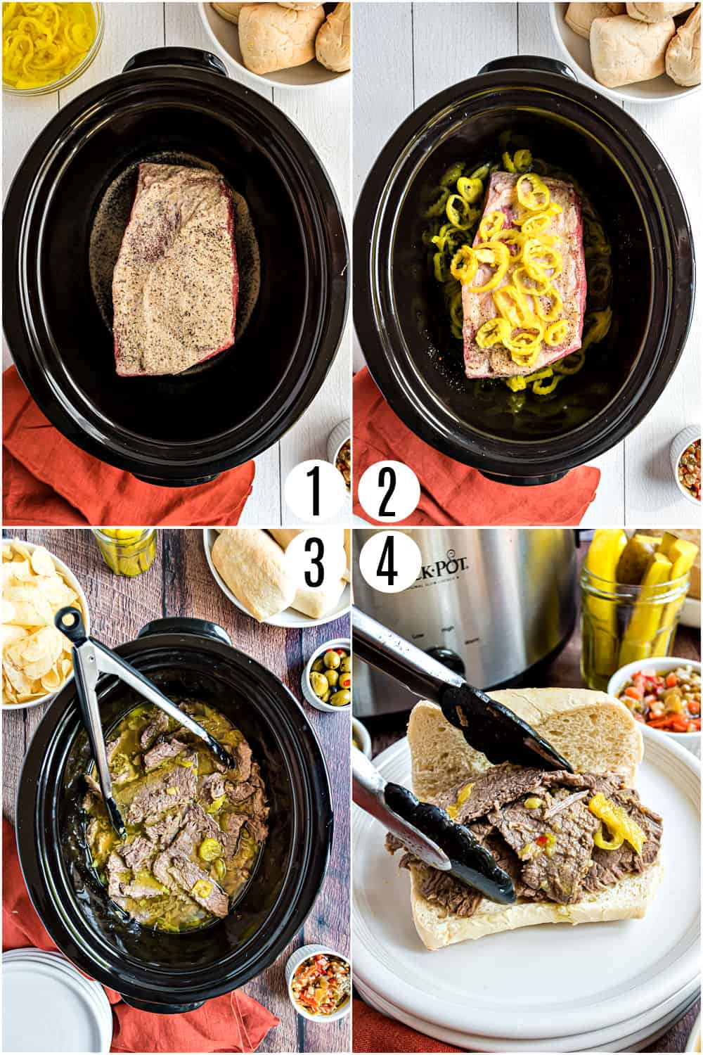 Step by step photos showing how to shred italian beef.