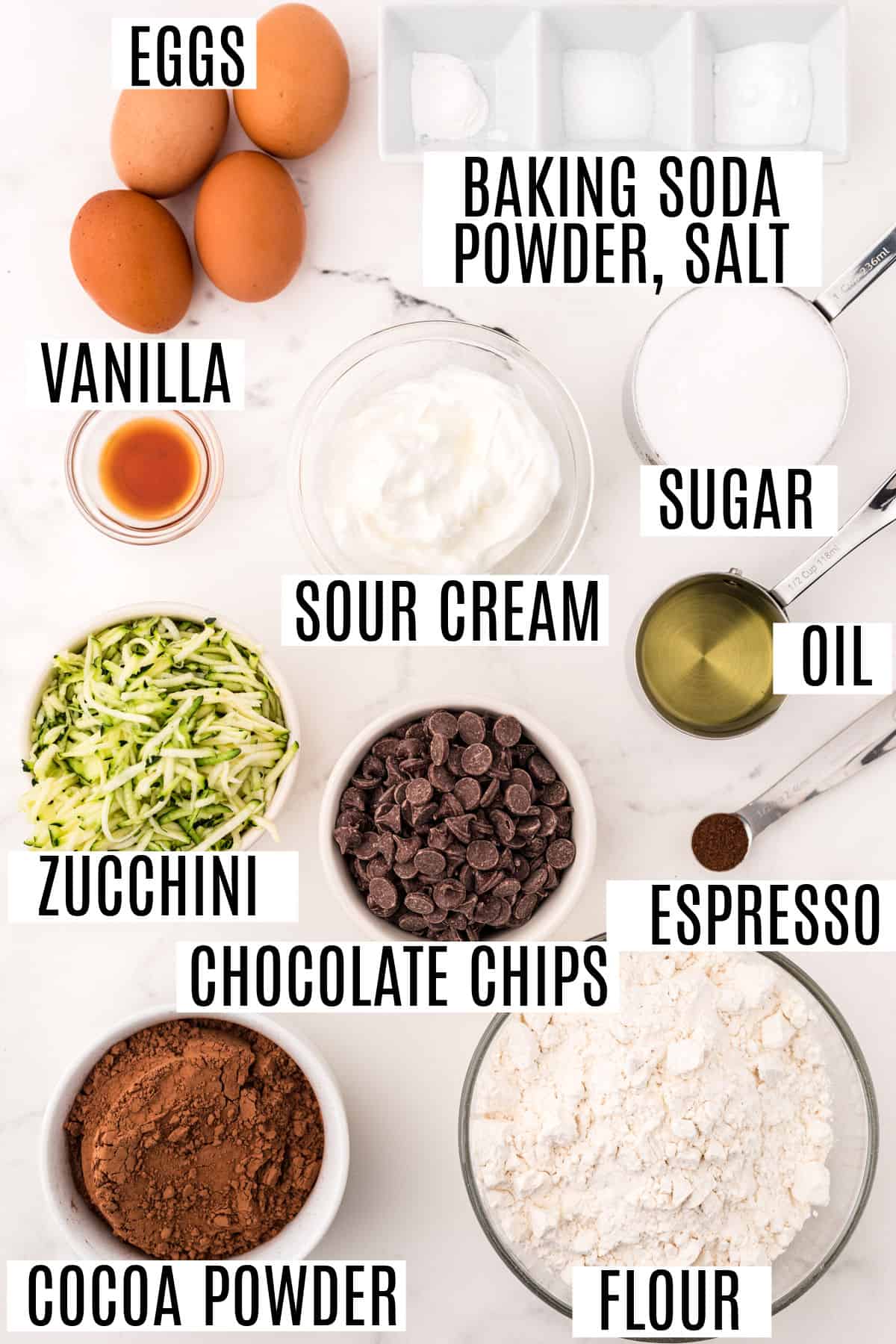 Ingredients needed for chocolate zucchini muffins.