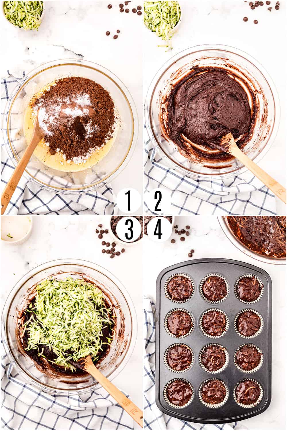 Step by step photos showing how to make chocolate zucchini muffins.