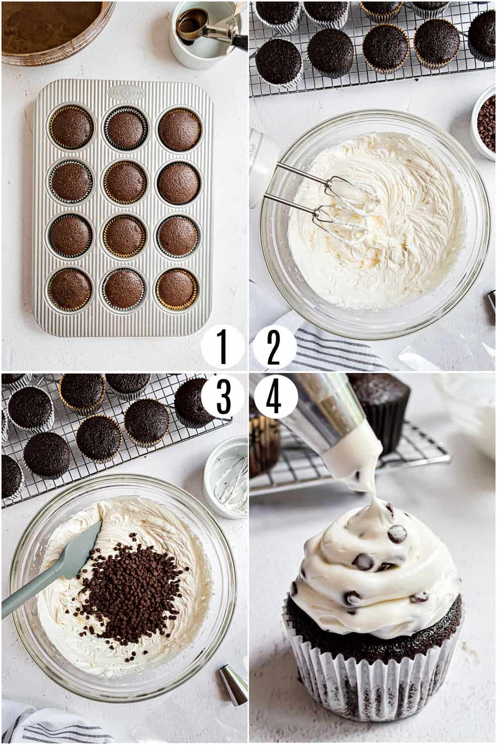 Step by step photos showing how to make cheesecake frosted chocolate cupcakes.