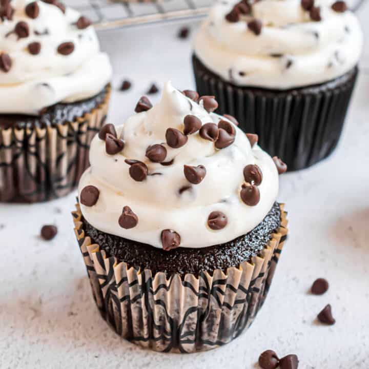 Chocolate cupcake with chocolate chip cheesecake frosting.