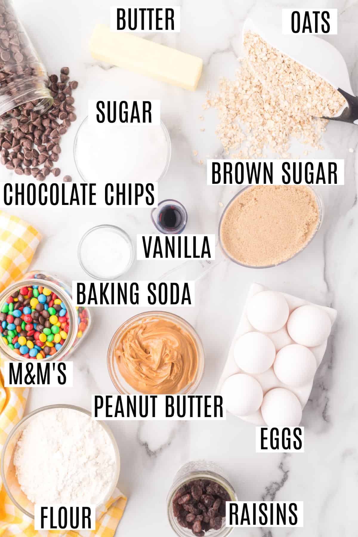 Ingredients needed to make monster cookies.