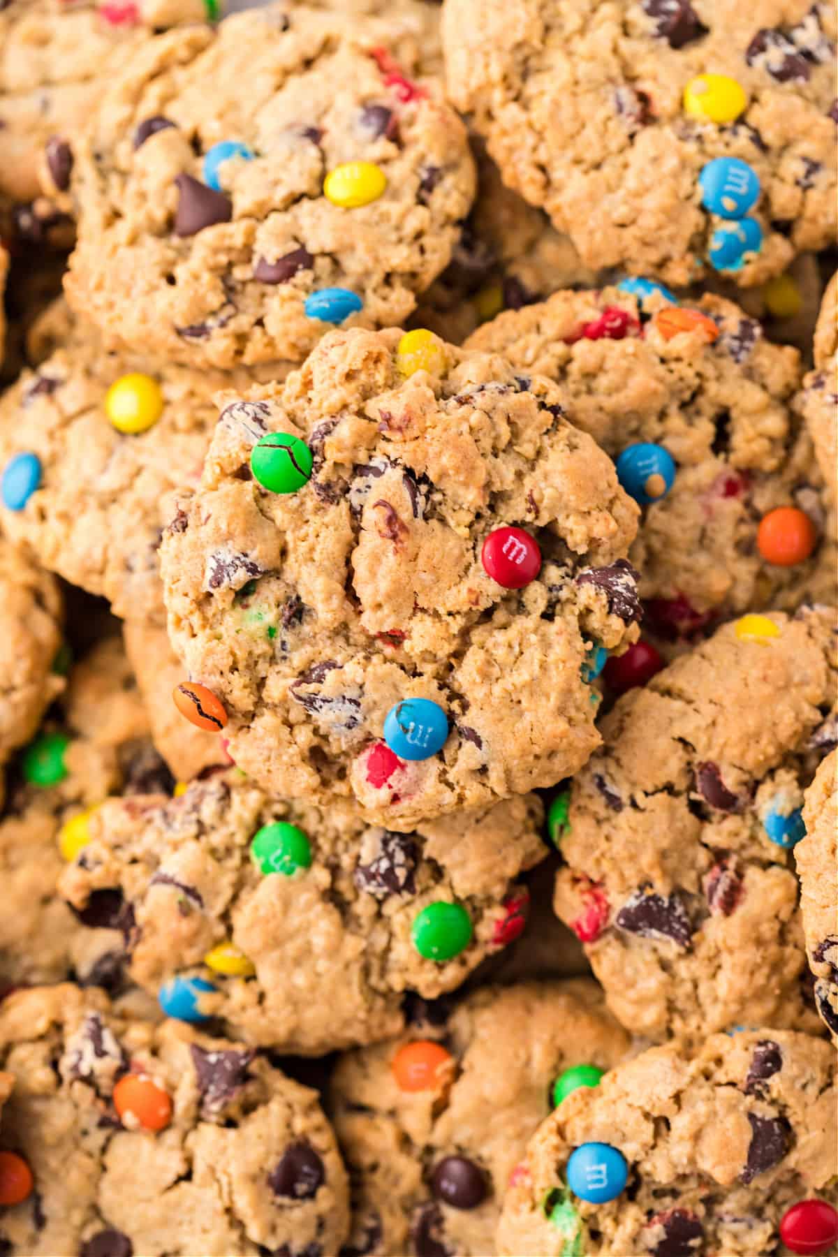 Monster cookies stacked on top of eachother.