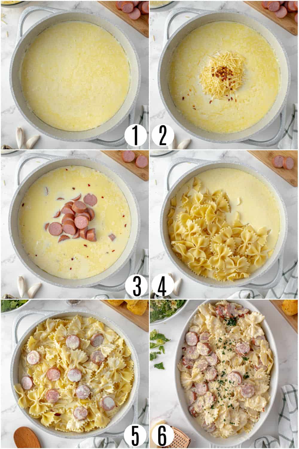 Step by step photos showing how to make sausage alfredo pasta.