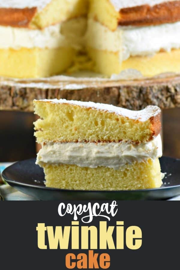 The perfect, not overly sweet, cake recipe, this delicious Twinkie Cake is made with yellow cake and sweet whipped cream filling. #vanilla #cake #yellowcake #twinkie