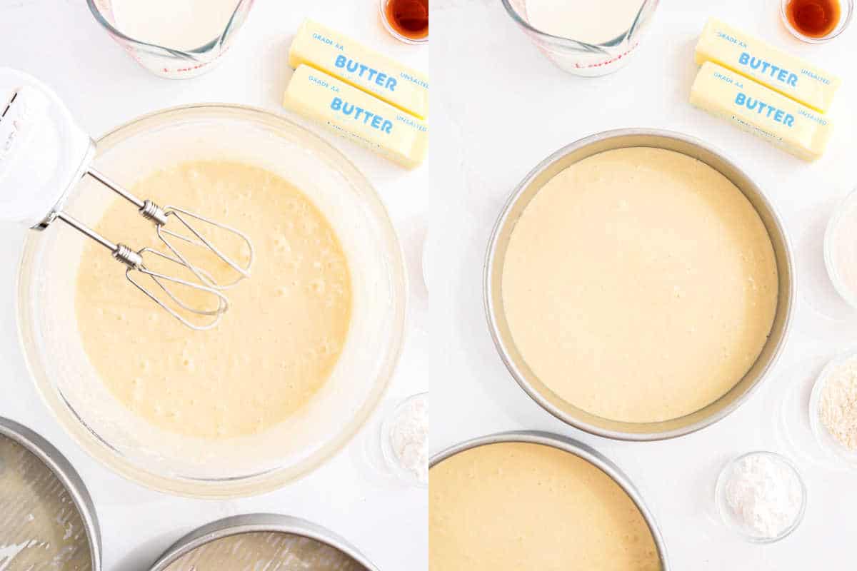 Two images: cake batter being mixed in a bowl and poured into a cake pan, butter and ingredients nearby—perfect steps for making a delicious Twinkie cake recipe.