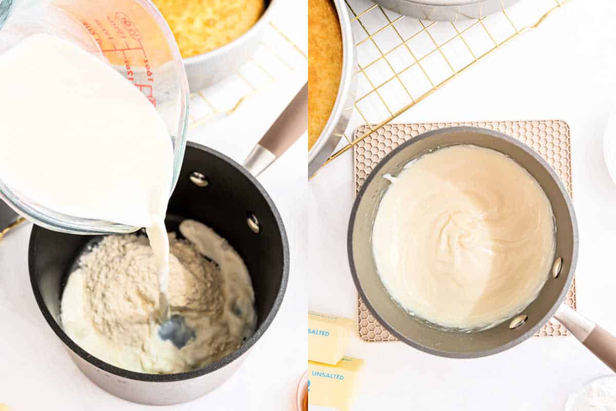 Left: Milk is poured into a pot of flour. Right: A thick, creamy mixture for the twinkie cake recipe simmers in a saucepan on a trivet.