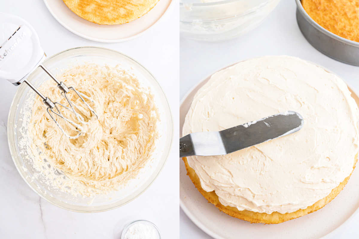 Left: Mixer in a bowl of frosting. Right: Spreading frosting on a Twinkie cake recipe layer with an offset spatula.