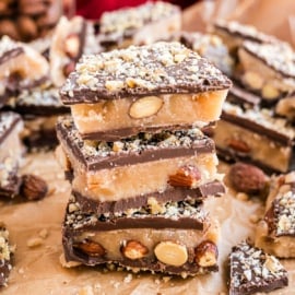 English Toffee is a classic holiday candy that’s buttery, nutty, and rich thanks to a combination of almonds, walnuts, and milk chocolate. Make it in a brownie bite pan to get the cutest toffee bites—perfect for gifting!