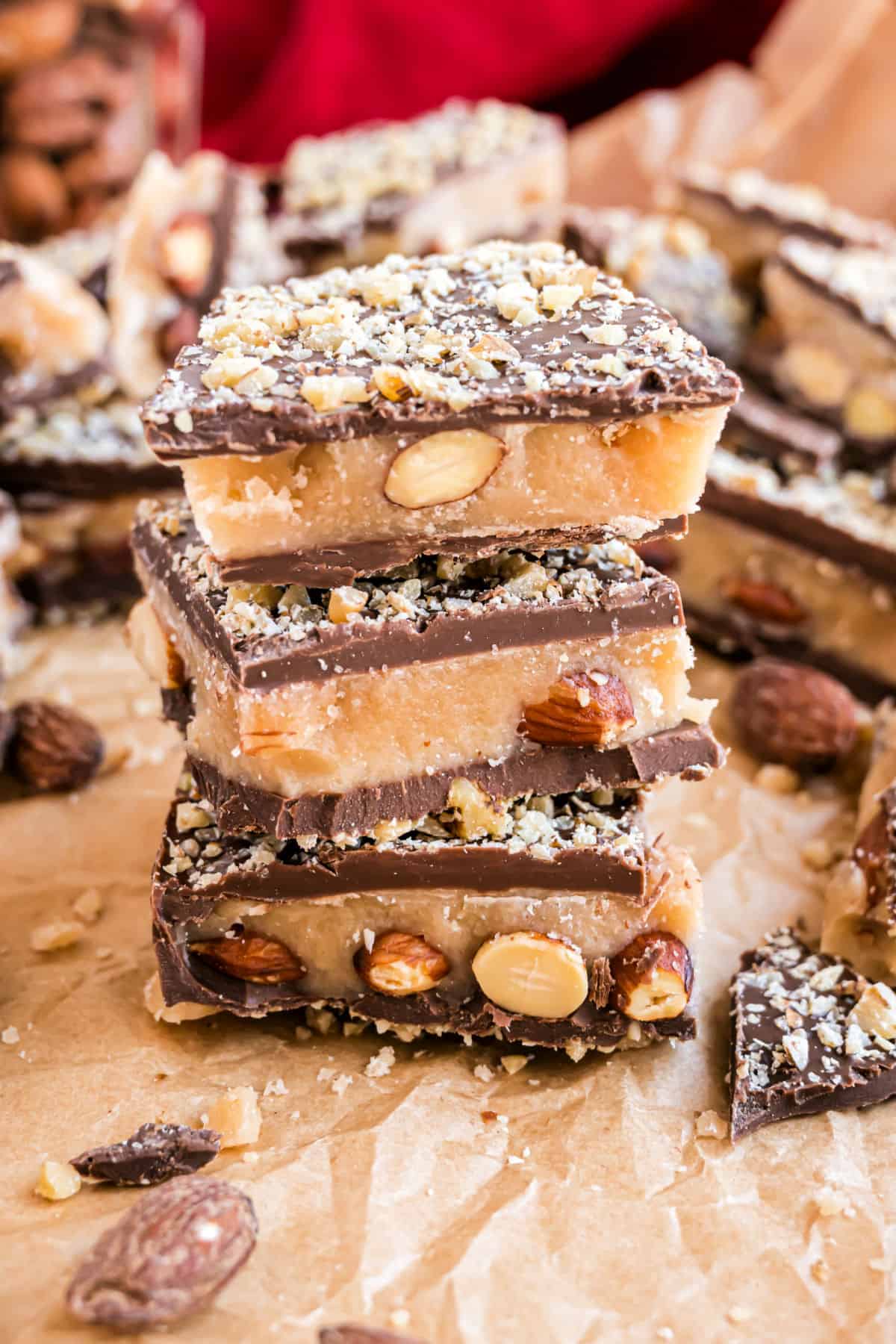 Stack of three pieces english toffee.