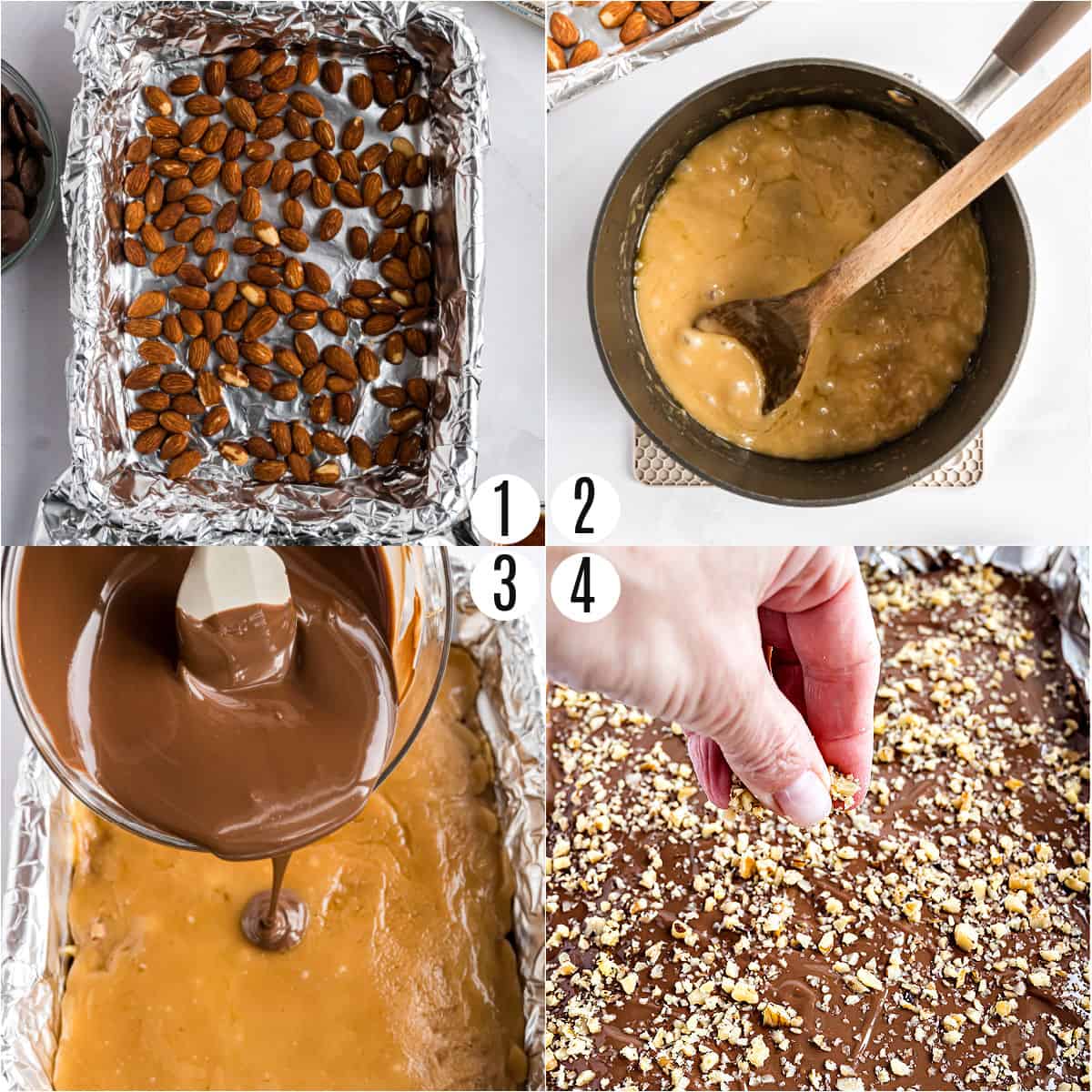 Step by step photos showing how to make english toffee.