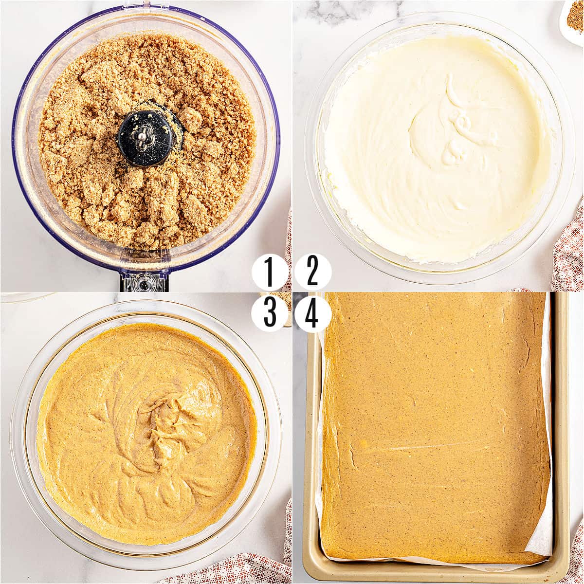 Step by step photos showing how to make pumpkin cheesecake bars.