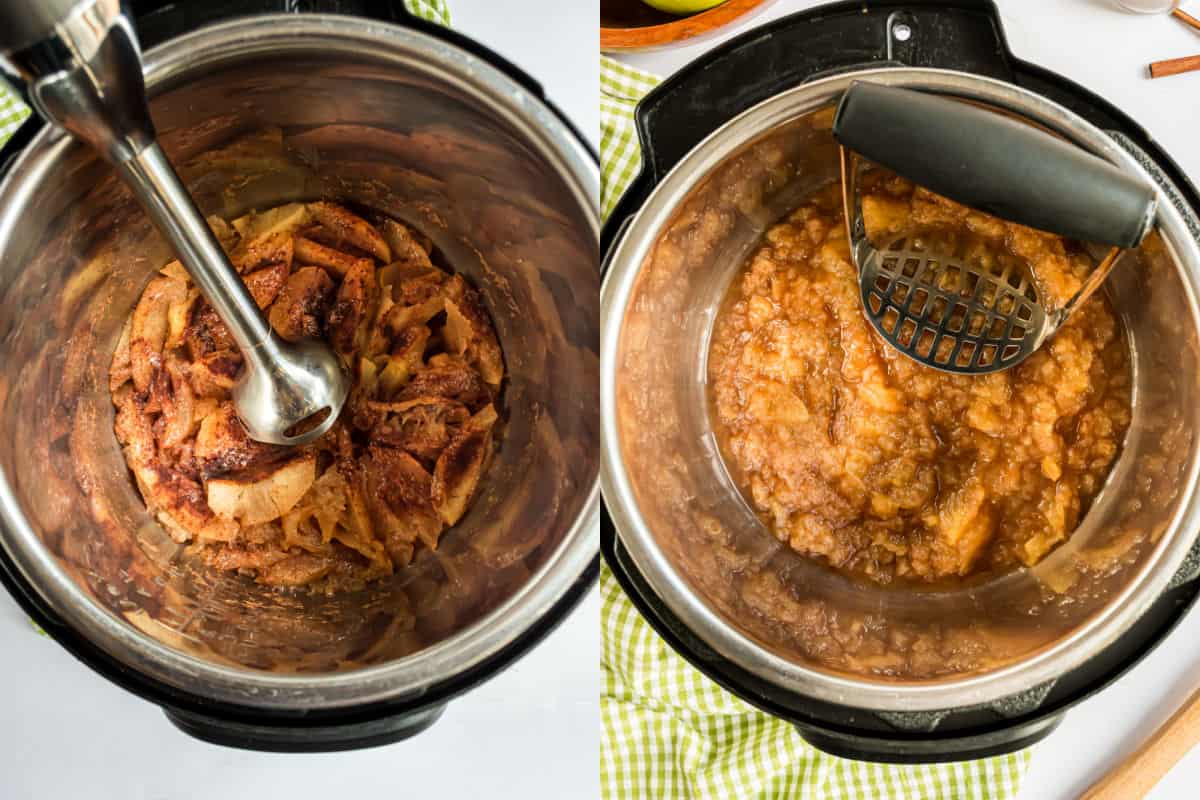 Two photos showing how to blend applesauce in the Instant Pot.