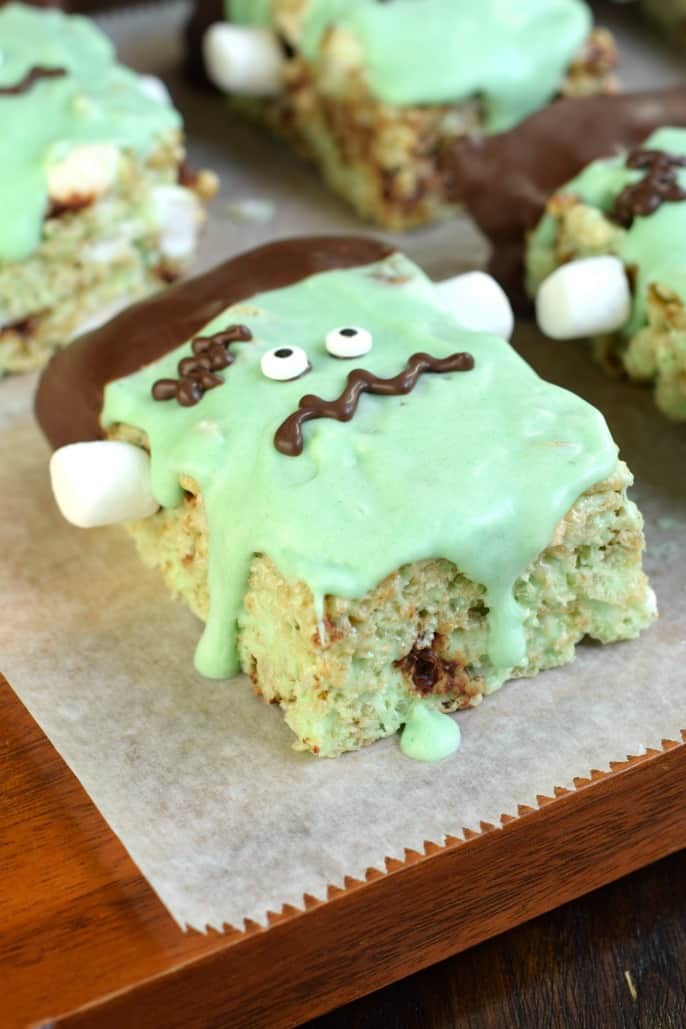 Mint Chocolate Chip Rice Krispie Treats decorated like Frankenstein for Halloween!