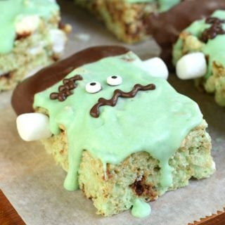 Mint chocolate chip rice krispie treat decorated like Frankenstein.