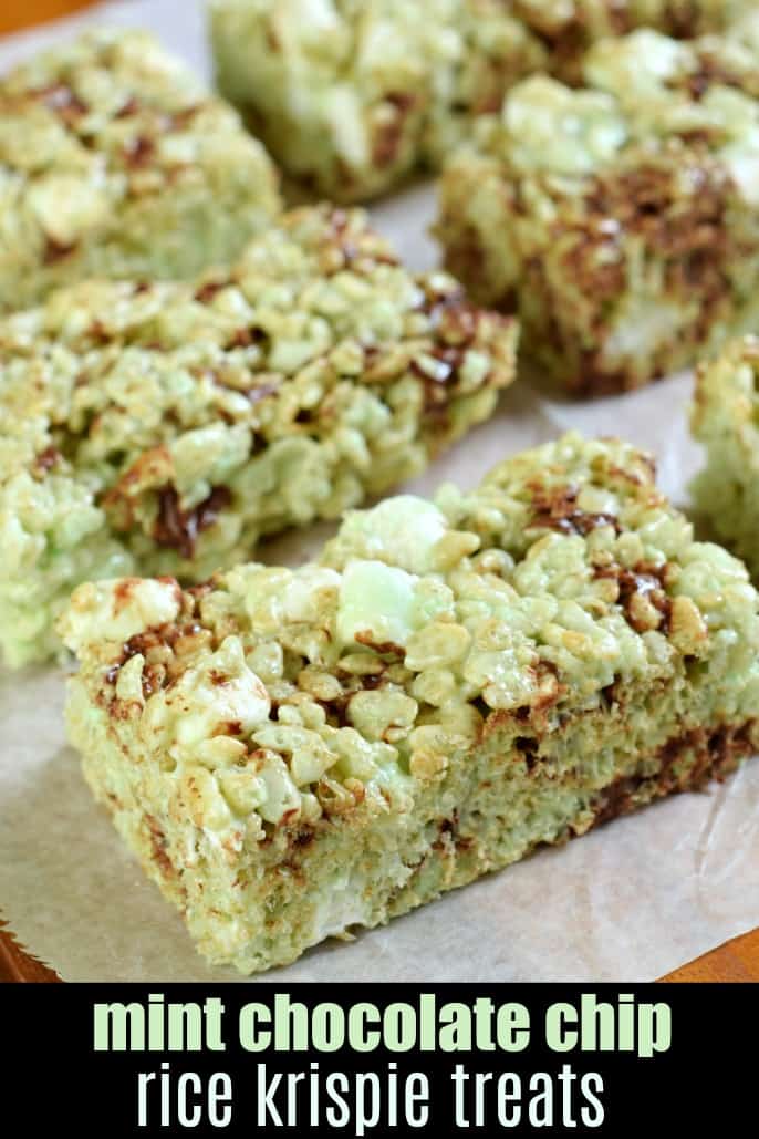 Mint chocolate chip rice krispie treats cut into rectangles.