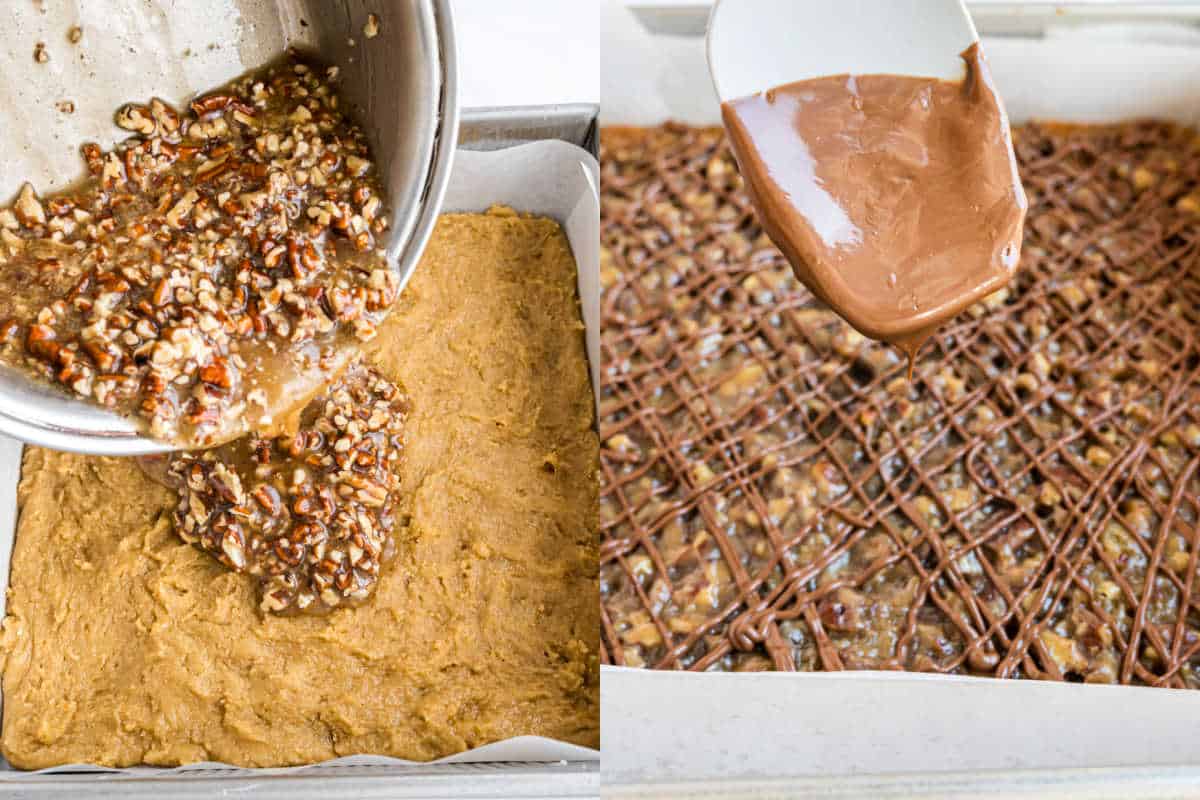 Left: Nut mixture poured on dough; right: Melted chocolate drizzled over baked pecan pie blondies in a pan.