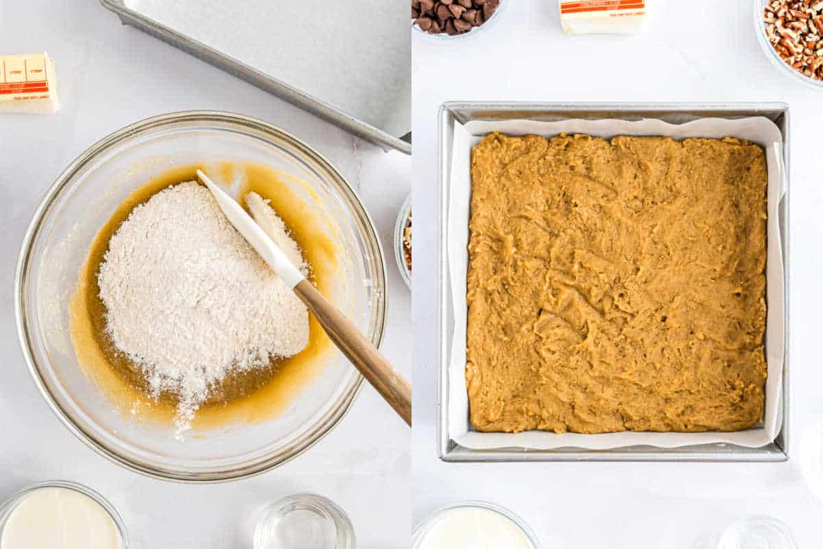 Left: Mixing flour into wet ingredients for pecan pie blondies. Right: Dough spread evenly in a parchment-lined square baking pan.