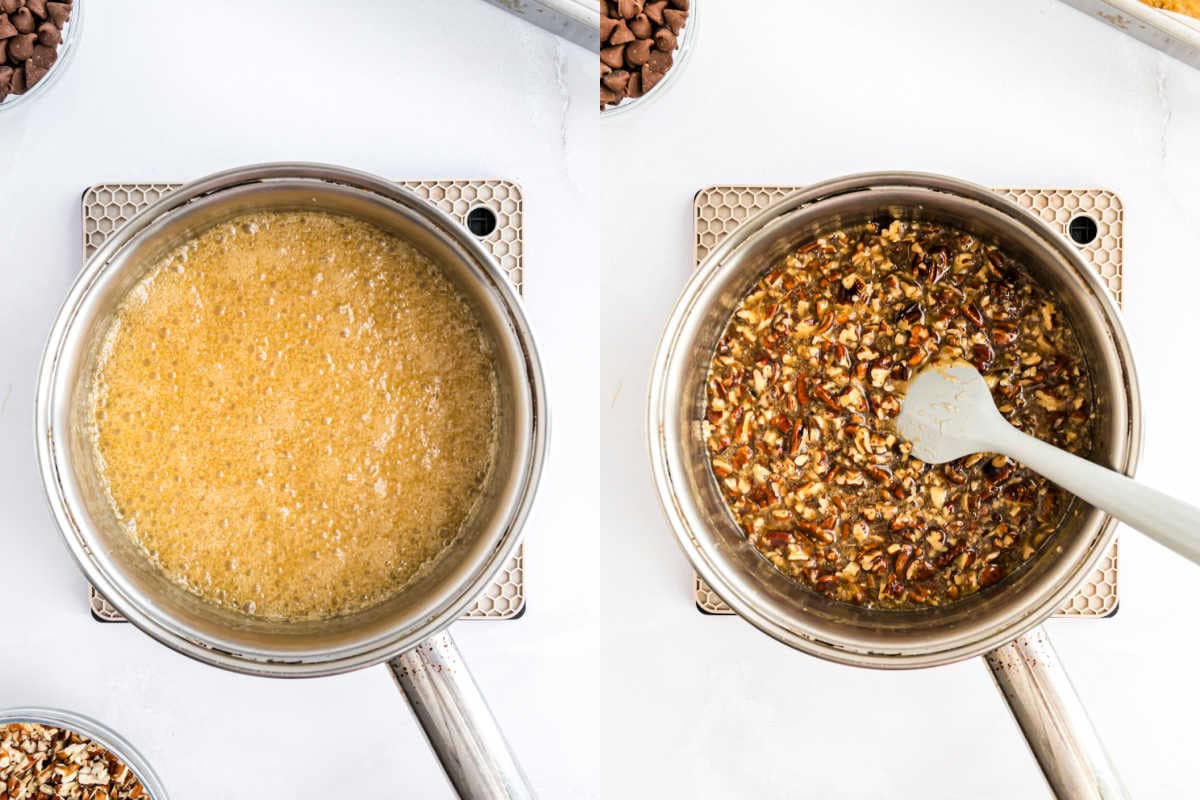 Side-by-side images: bubbling caramel in a pot (left), mixed caramel with nuts and spatula in pot (right)—perfect for making pecan pie blondies.