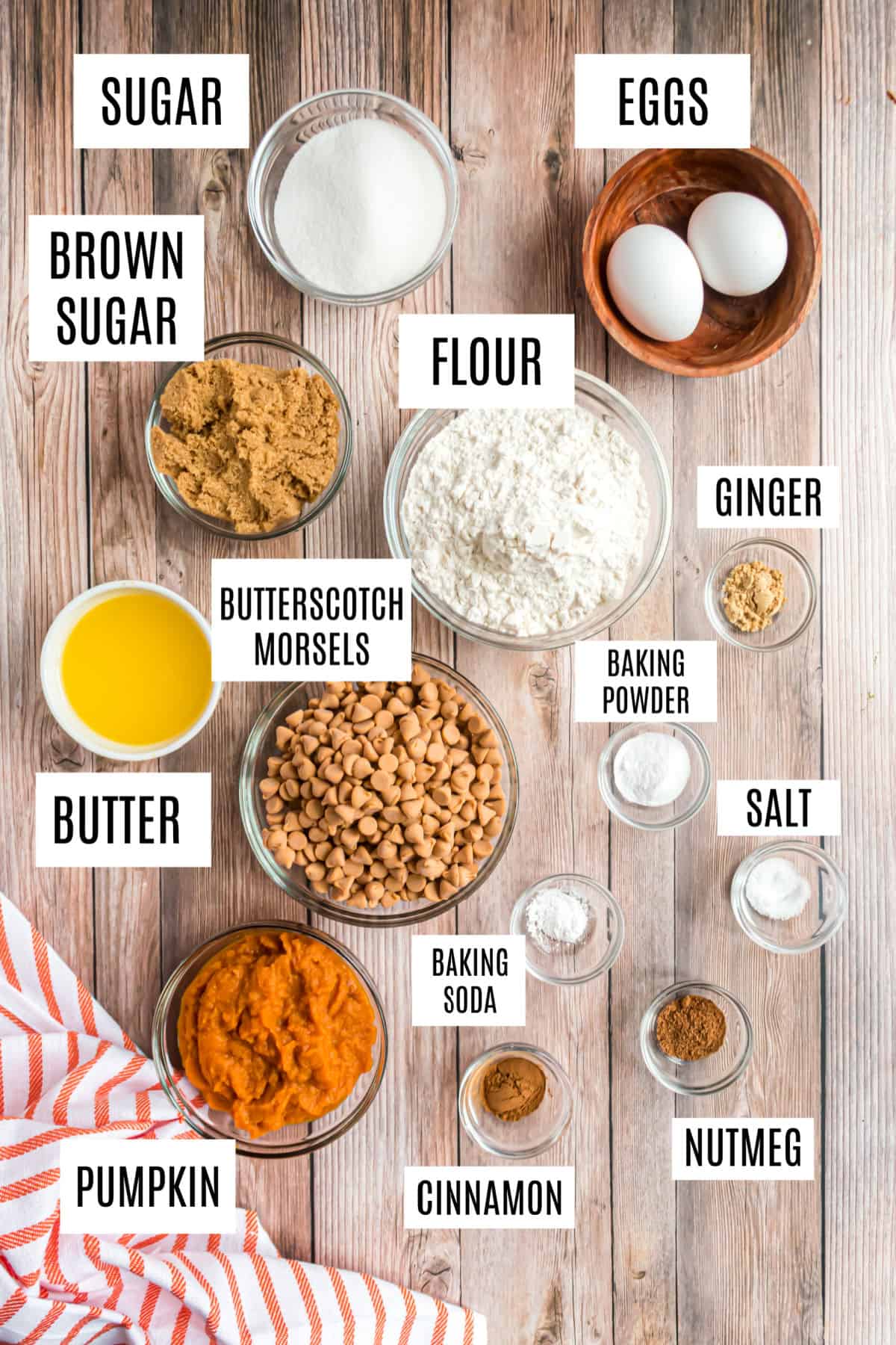 Ingredients for mini pumpkin muffins with butterscotch chips.