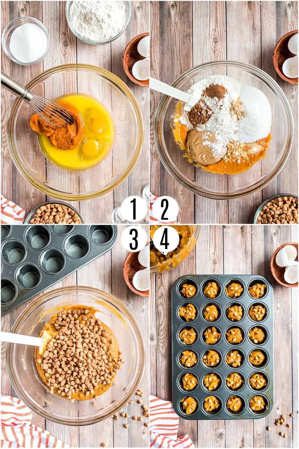 Step by step photos showing how to make pumpkin muffins with butterscotch.