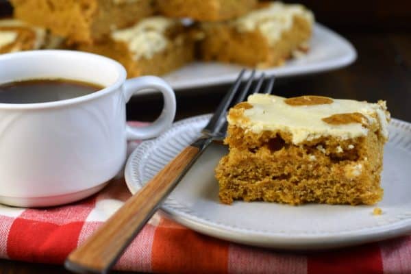 Pumpkin Cheesecake Bars with a cup of coffee. The perfect dessert.