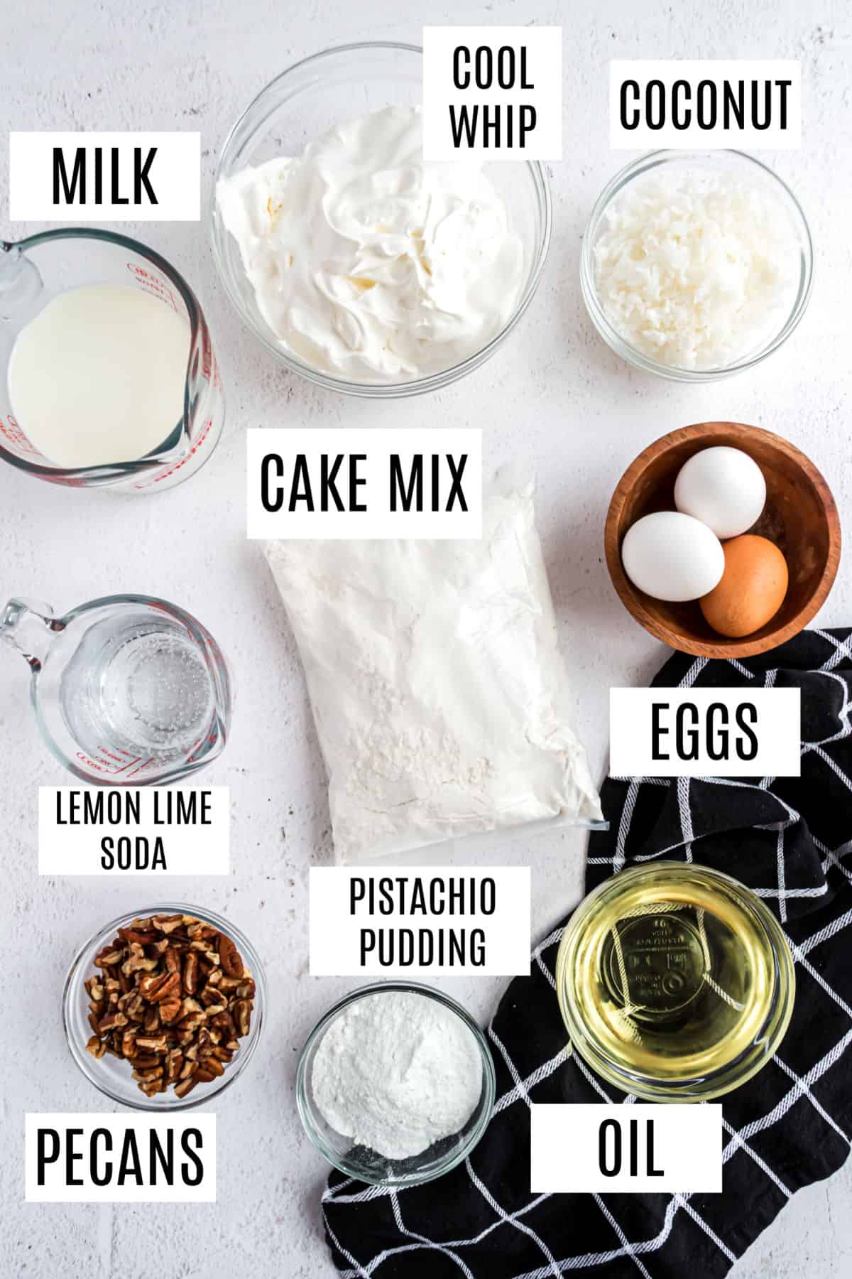 Ingredients needed to make pistachio cake.