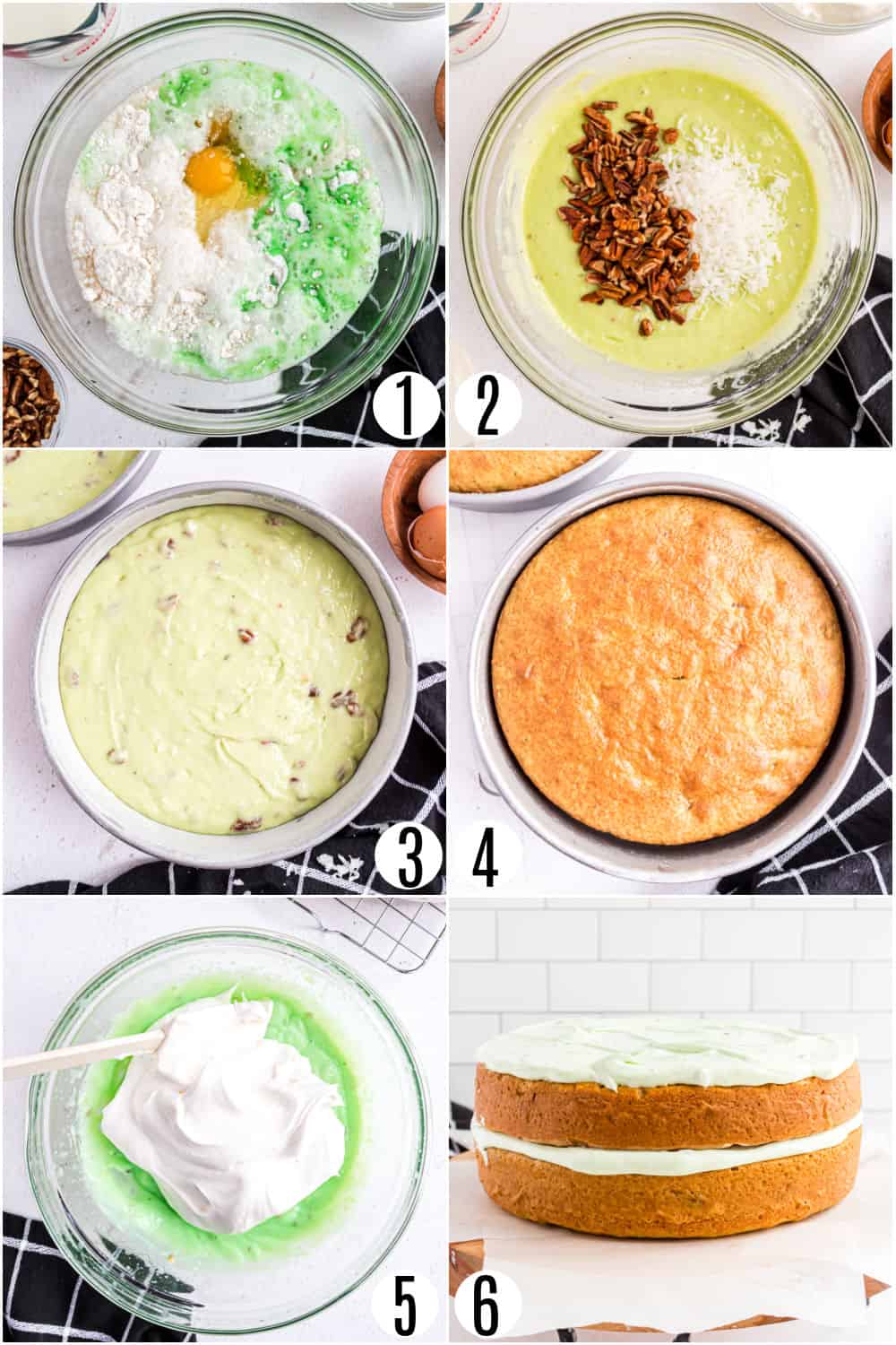 Step by step photos showing how to make watergate cake.