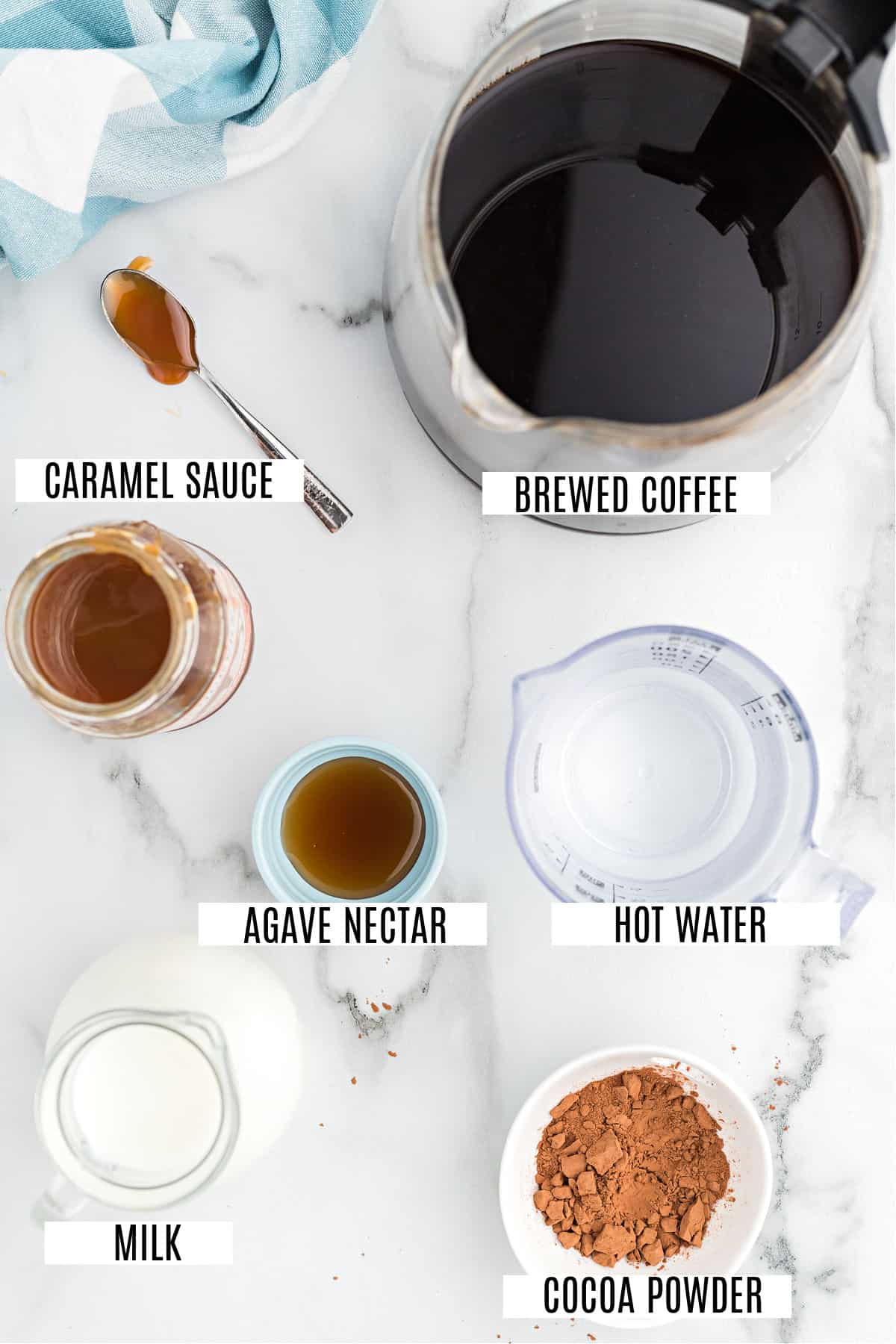 Ingredients needed to make a skinny caramel mocha.
