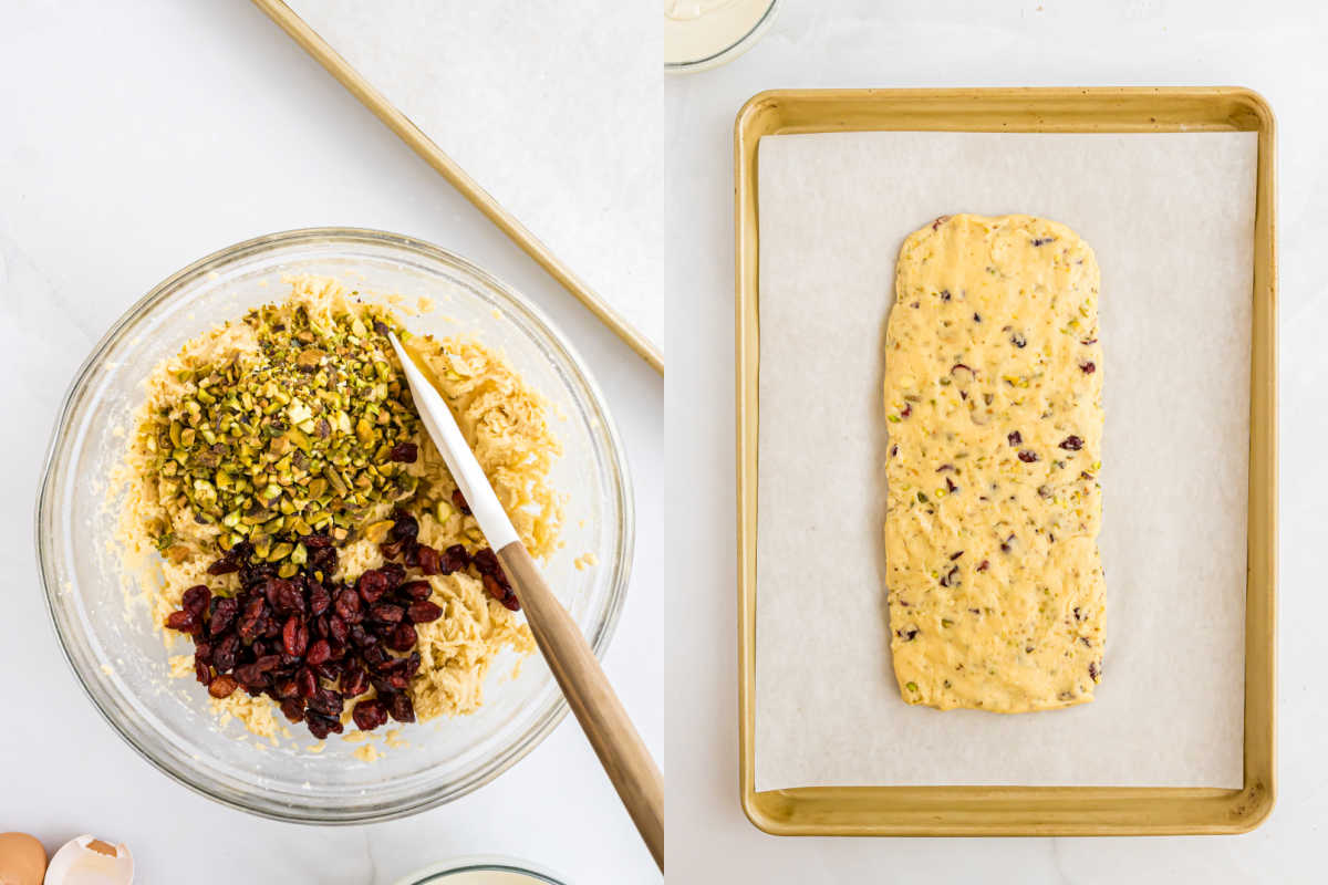 Cranberry pistachio biscotti dough with vibrant pistachios and cranberries in a bowl; shaped biscotti dough on a baking sheet, ready to bake.