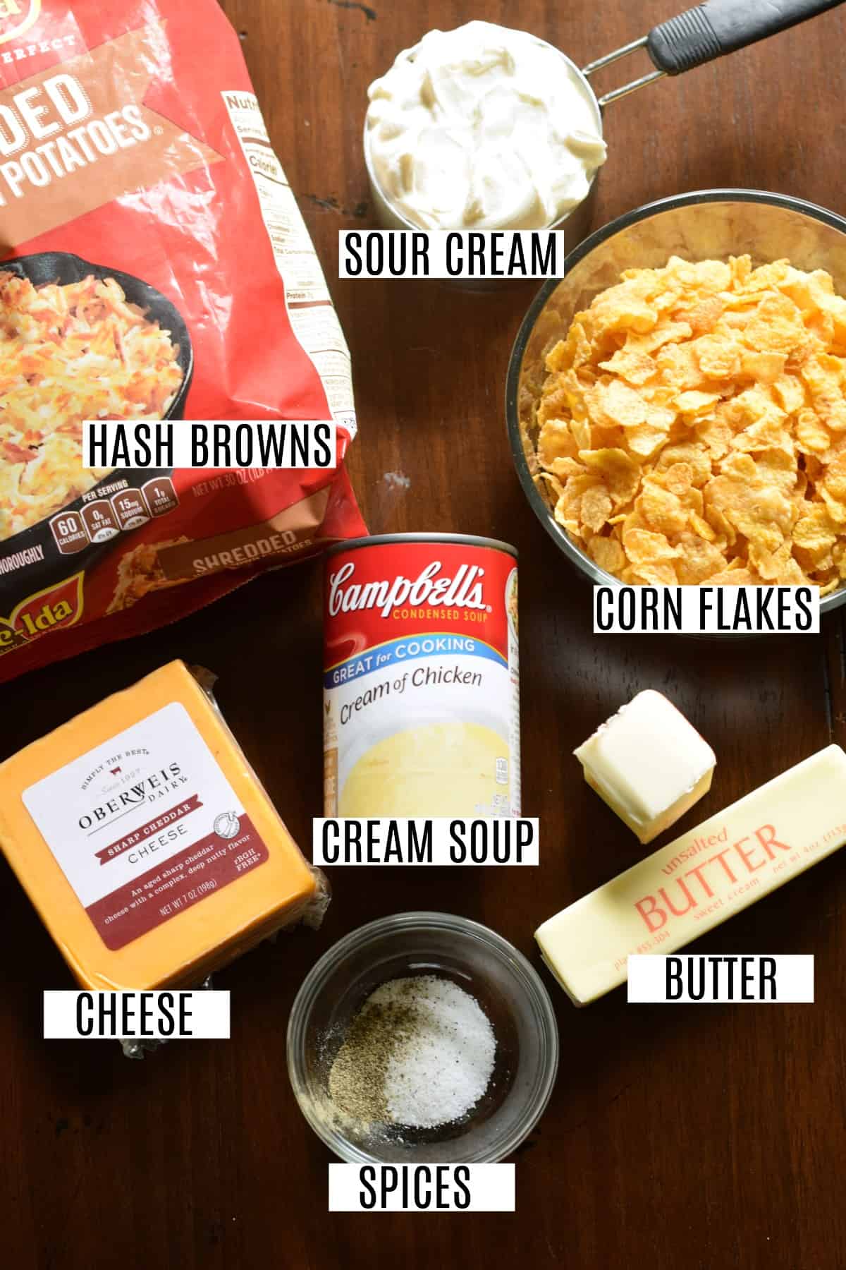 Ingredients needed to make cheesy hashbrown casserole.