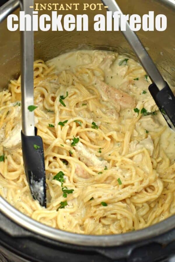 Instant Pot filled with creamy chicken fettuccine alfredo