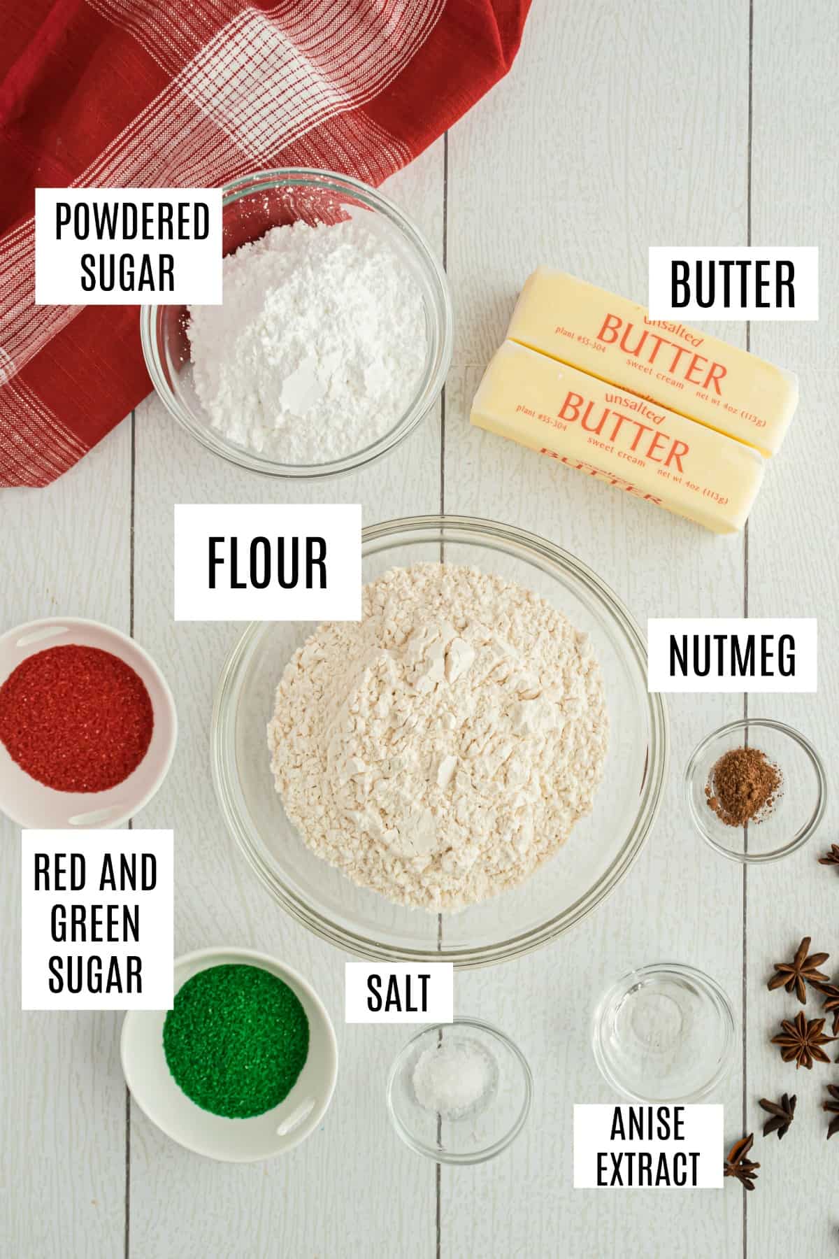 Ingredients needed to make jingles cookies including anise extract.