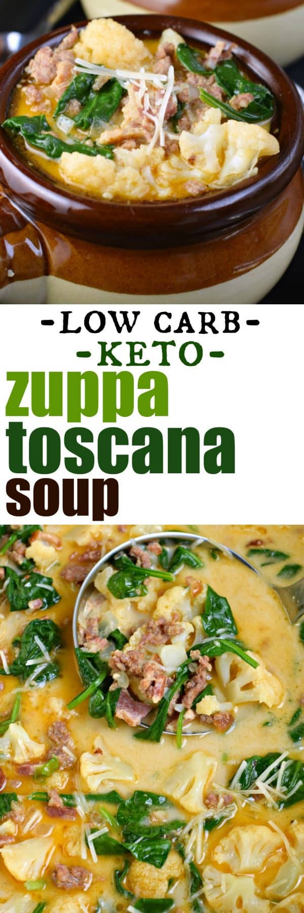 Low Carb Keto Zuppa Toscana Soup recipe is packed with flavor from crispy bacon, Italian Sausage, spinach and tender cauliflower all in a rich, creamy broth. Low Carb Keto Zuppa Toscana Soup recipe is packed with flavor from crispy bacon, Italian Sausage, spinach and tender cauliflower all in a rich, creamy broth.