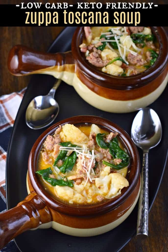 Low Carb Keto Zuppa Toscana Soup  packed with bacon, Italian Sausage, spinach and tender cauliflower all in a rich, creamy broth.