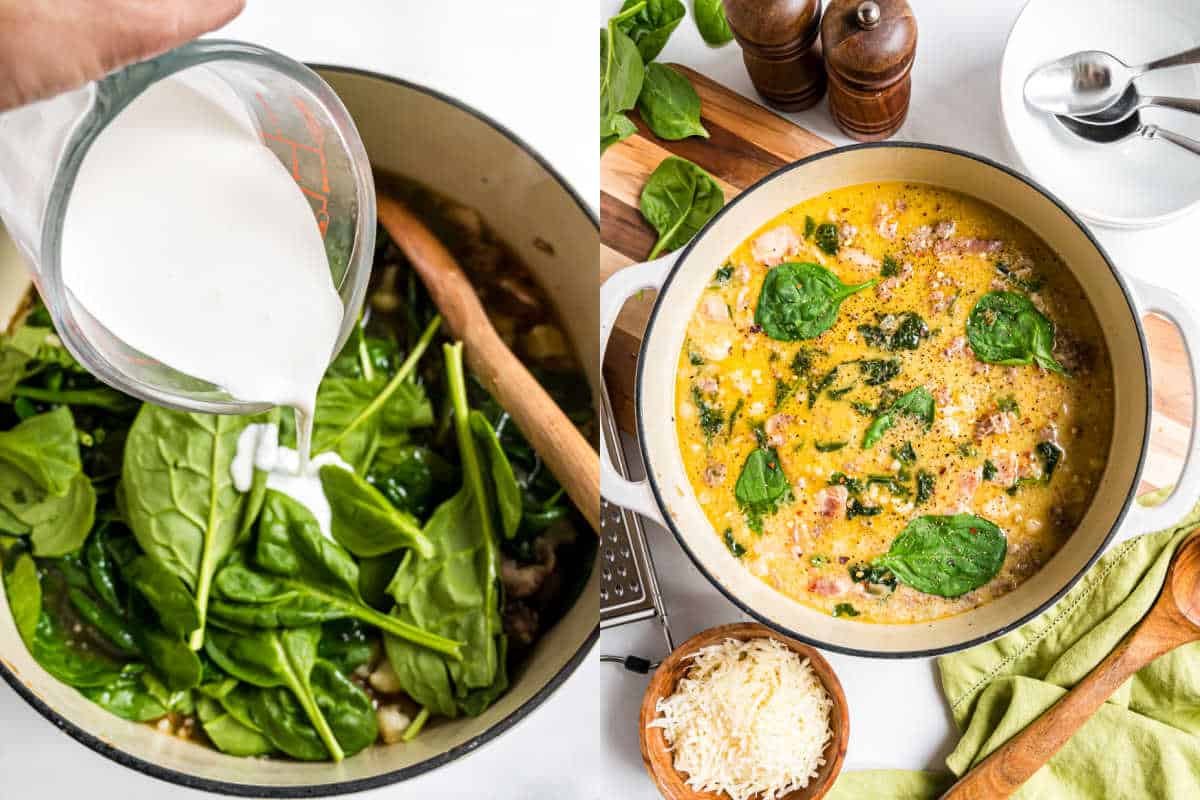 Milk being poured over spinach in a pot, then a finished creamy low carb keto zuppa toscana soup with spinach and cheese in a Dutch oven.