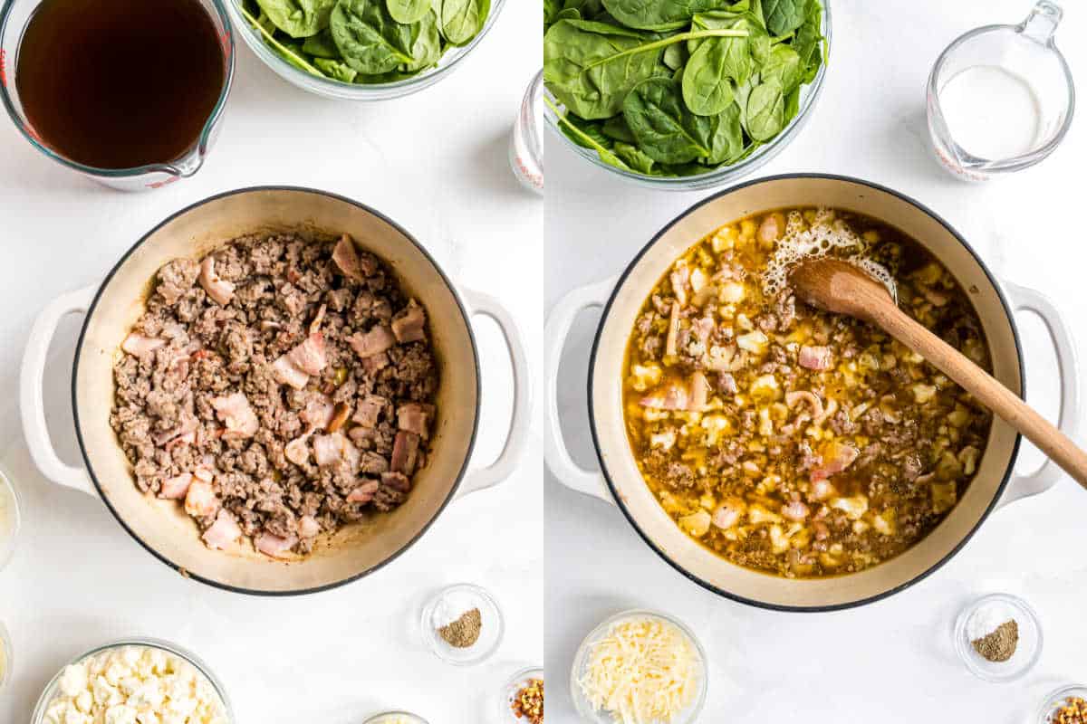 Two side-by-side images show low carb keto zuppa toscana soup preparation in a pot, with fresh spinach and ingredients arranged around it.